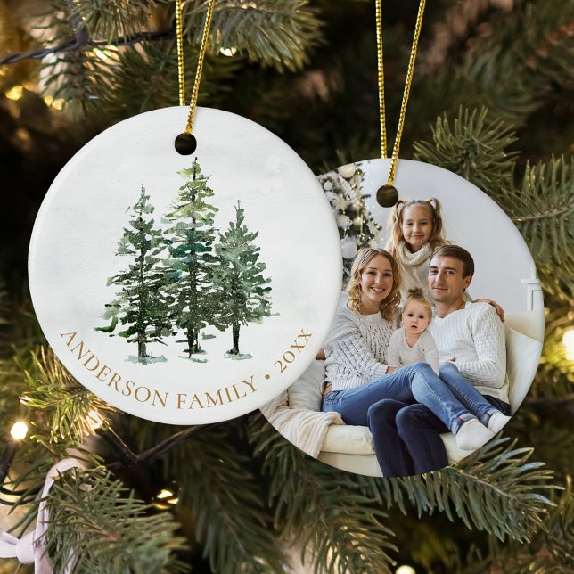 Watercolor Winter Pine Trees Christmas Photo Ceramic Ornament (Creator Uploaded)