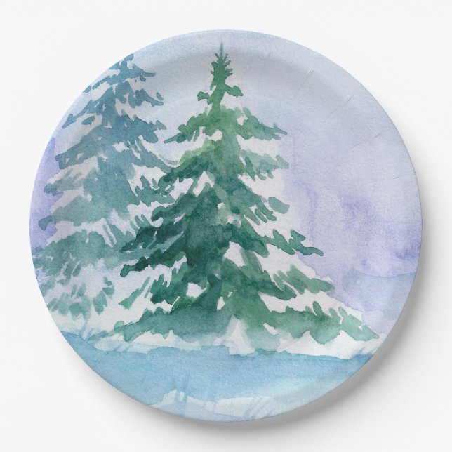 Watercolor winter pine trees paper plates (Front)