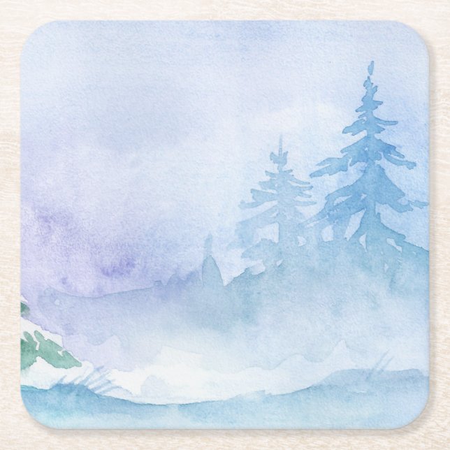 Watercolor Winter Pine Trees Reusable Square Paper Coaster (Front)