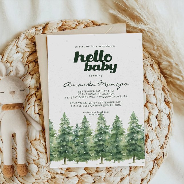 Watercolor Winter Pine Trees Snow Baby Shower Invitation (Creator Uploaded)