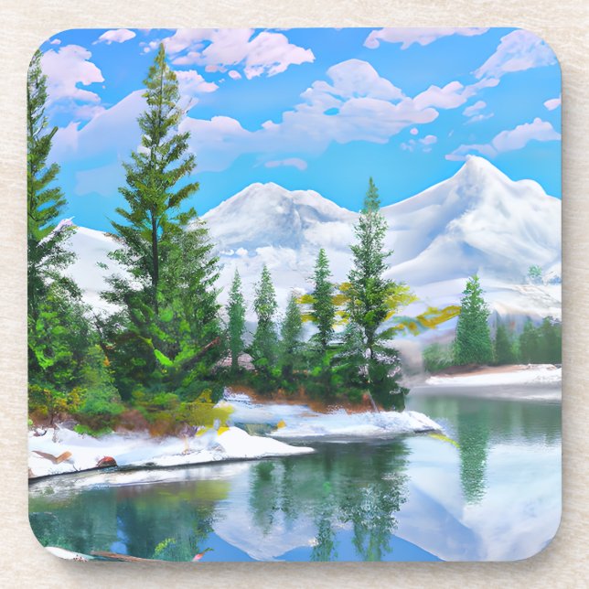 Watercolor Winter Pine Trees Snowy Mountain  Beverage Coaster (Front)