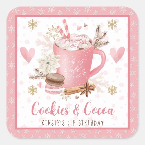 Watercolor Winter Pink Cookies and Cocoa Birthday Square Sticker