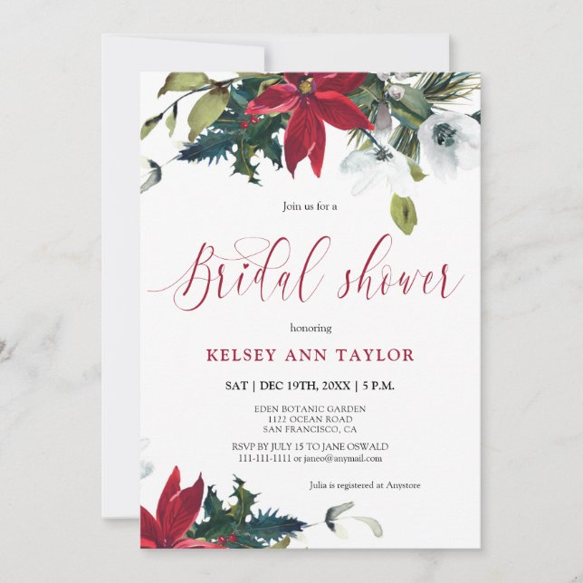 Watercolor Winter Poinsettia Bridal Shower  Invitation (Front)