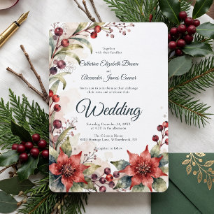 Watercolor Winter Poinsettia Floral Wedding Invitation