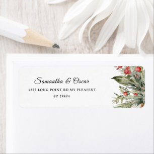 Watercolor Winter Poinsettia & Green Pine Tree Label