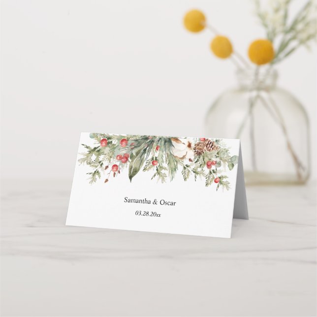 Watercolor Winter Poinsettia &  Green Pine Tree  Place Card (Back)