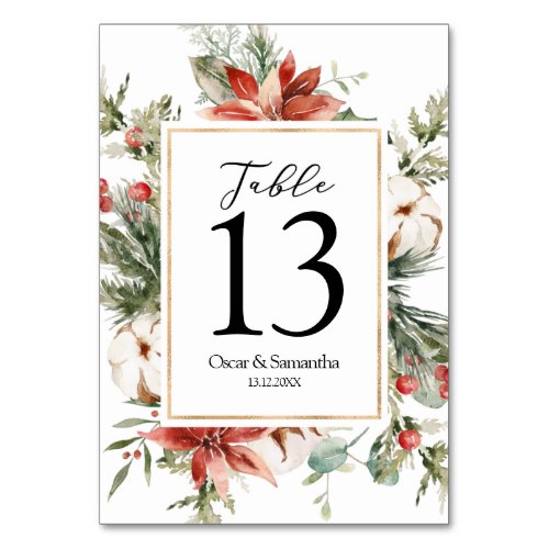 Watercolor Winter Poinsettia   Green Pine Tree  Table Number