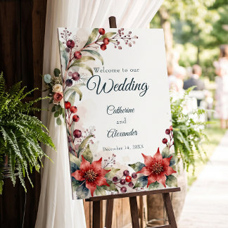 Watercolor Winter Poinsettia Wedding Welcome Foam Board