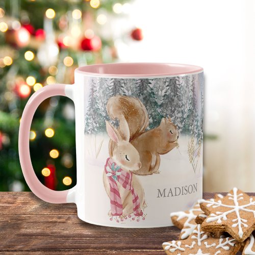 Watercolor Winter Rabbit Squirrel Woodlands Name Mug