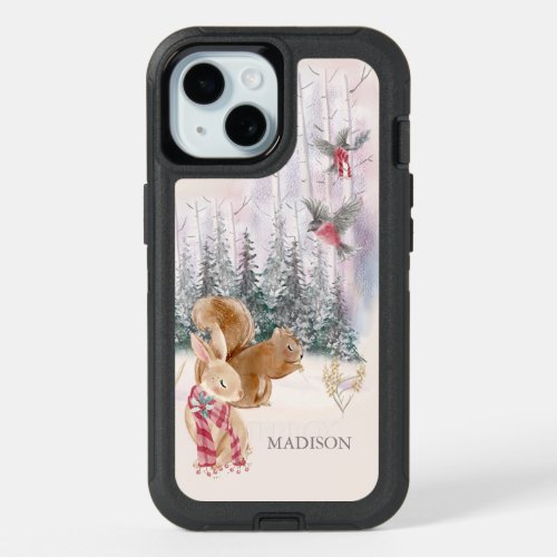 Watercolor Winter Rabbit Squirrel Woodlands Name iPhone 15 Case