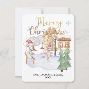 Watercolor Winter Rats Merry Christmas Holiday Card