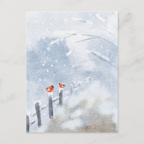 Watercolor Winter Red Birds in Snow Postcard
