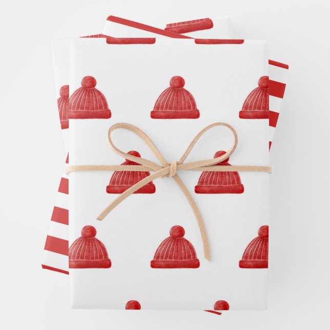 Watercolor winter red hat. Christmas holiday Wrapping Paper Sheets (In situ)