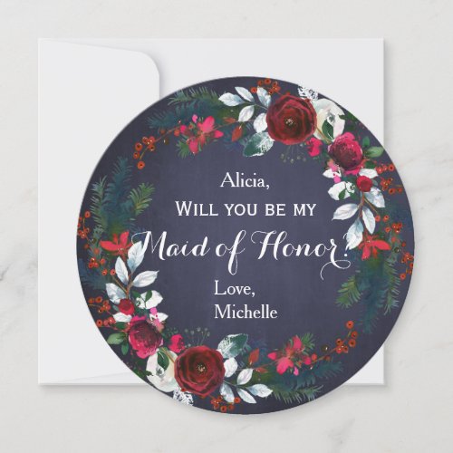 Watercolor Winter Red Peonies Wreath Maid of Honor Invitation