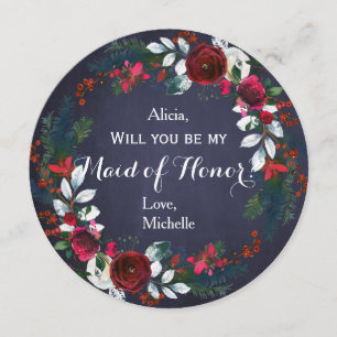 Watercolor Winter Red Peonies Wreath Maid of Honor Invitation