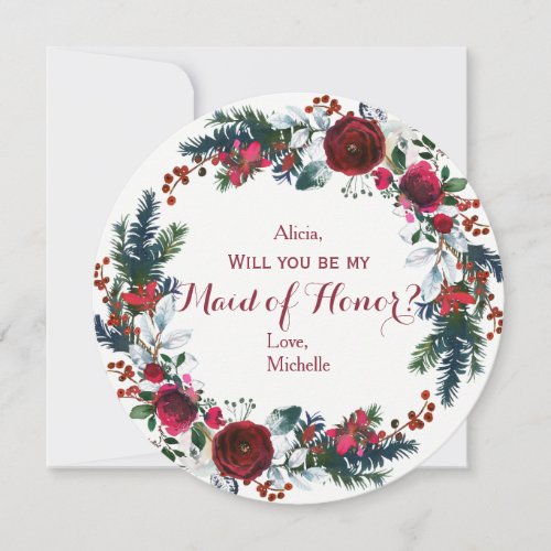 Watercolor winter red peonies wreath maid of honor invitation