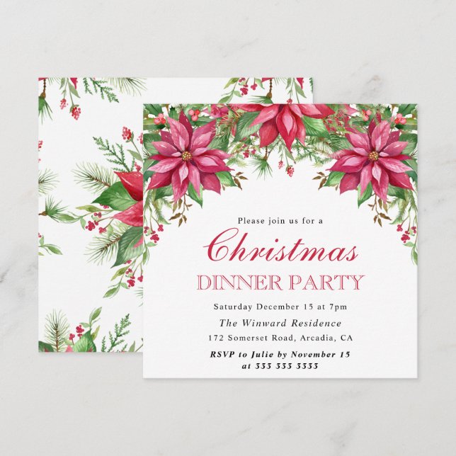 Watercolor Winter Red Poinsettia Christmas Invitation (Front/Back)