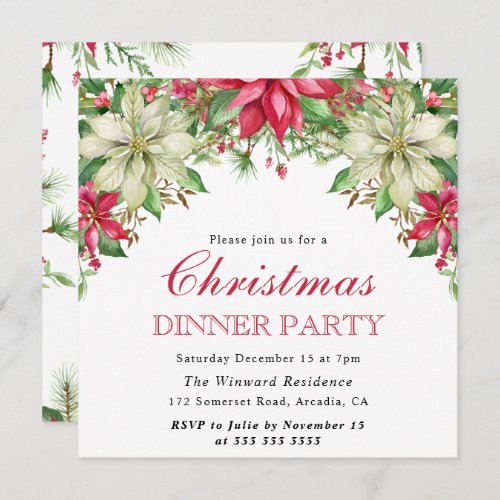 Watercolor Winter Red  White Poinsettia Christmas Invitation