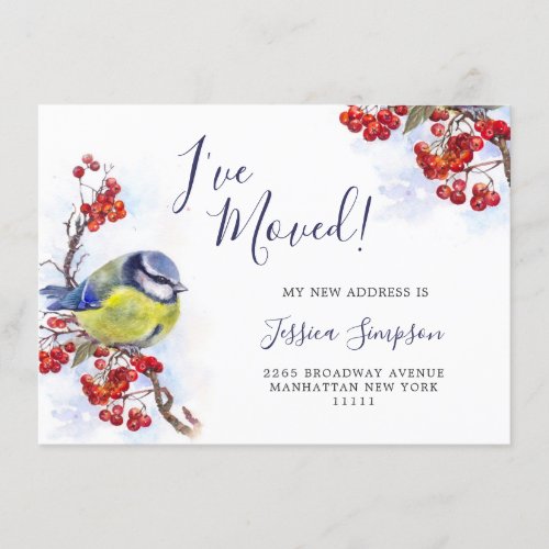 Watercolor Winter Redberry Tit Bird Moving Announcement