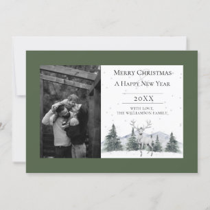 Watercolor Winter Reindeer   Green Photo Holiday Card