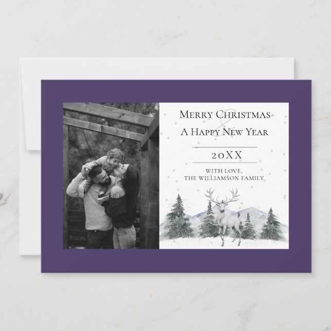 Watercolor Winter Reindeer | Purple Photo Holiday Card (Front)