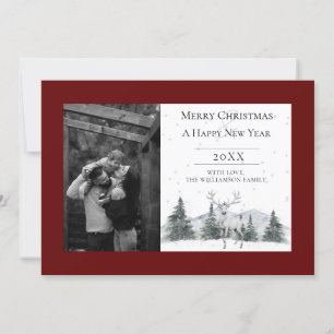 Watercolor Winter Reindeer Red Photo Holiday Card