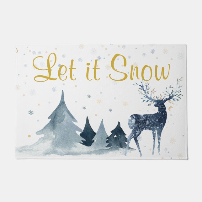 Watercolor Winter Reindeer Scene Door Mat (Front)
