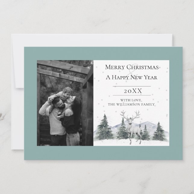Watercolor Winter Reindeer | Teal Photo Holiday Card (Front)