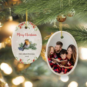 Watercolor Winter Robin Bird Christmas Photo Ceramic Ornament