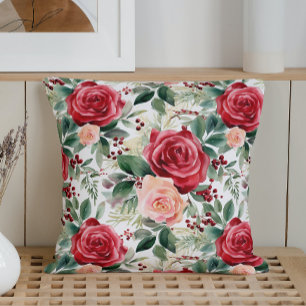 Watercolor Winter Rose Bouquet Throw Pillow