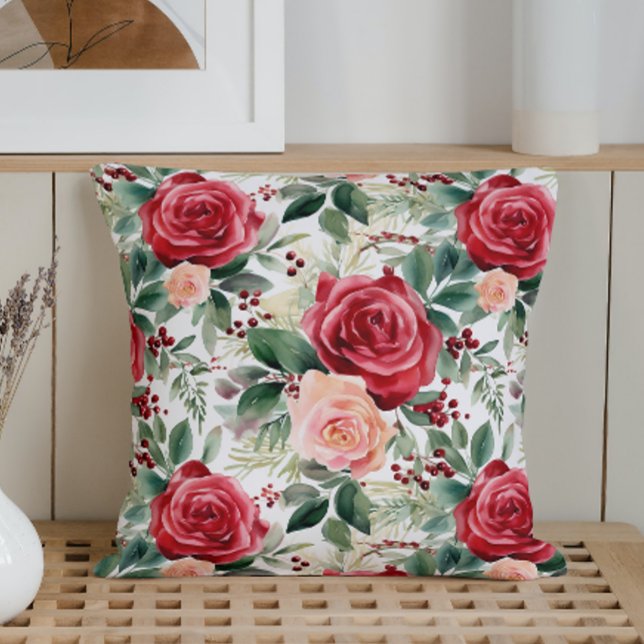 Watercolor Winter Rose Bouquet Throw Pillow (Creator Uploaded)