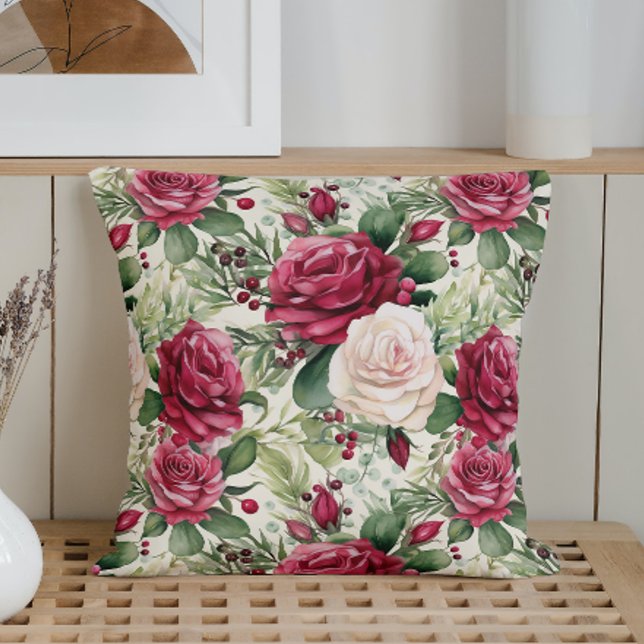 Watercolor Winter Rose Bouquet Throw Pillow (Creator Uploaded)