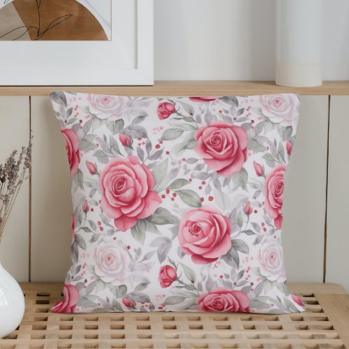 Watercolor Winter Rose Medley Throw Pillow