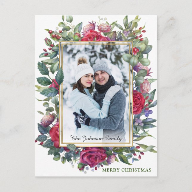 Watercolor Winter Roses Flowers Photo Christmas Postcard (Front)