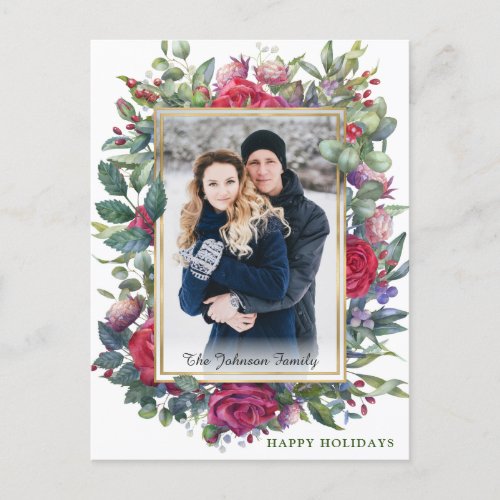 Watercolor Winter Roses Flowers Photo Christmas Postcard