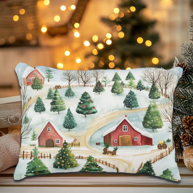 Watercolor Winter Rustic Landscape with Fir Trees Accent Pillow (Creator Uploaded)