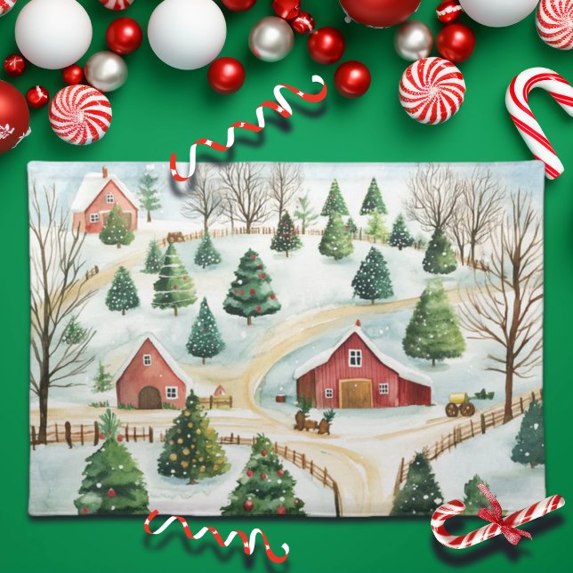 Watercolor Winter Rustic Landscape with Fir Trees Cloth Placemat (Creator Uploaded)