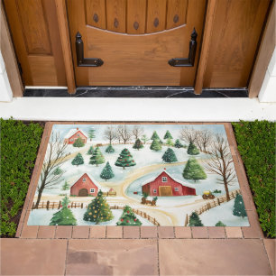 Watercolor Winter Rustic Landscape with Fir Trees Doormat