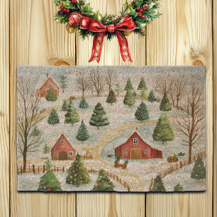 Watercolor Winter Rustic Landscape with Fir Trees Fiber Doormat