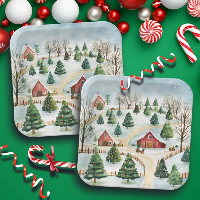 Watercolor Winter Rustic Landscape with Fir Trees Paper Plates (Creator Uploaded)