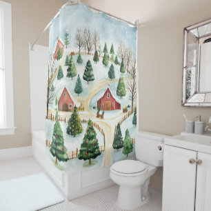 Watercolor Winter Rustic Landscape with Fir Trees Shower Curtain
