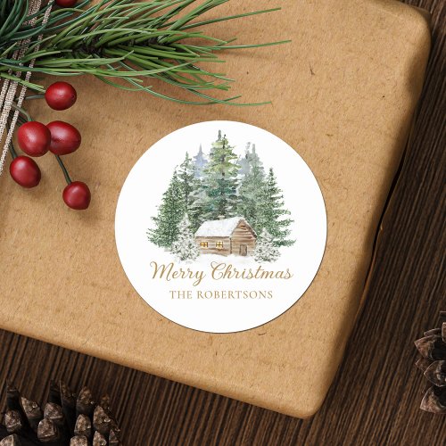 Watercolor Winter Rustic Woodland Cabin Christmas Classic Round Sticker