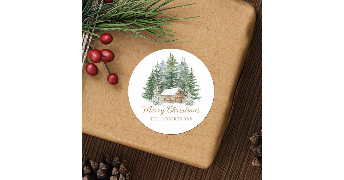Winter Rustic Labels Watercolor Winter Rustic Woodland Cabin Christmas Classic Round Sticker ...