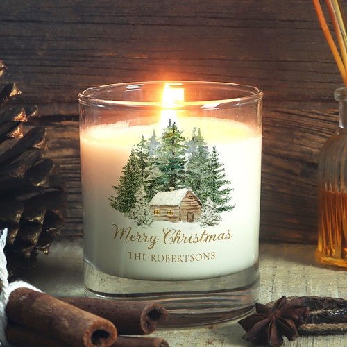 Watercolor Winter Rustic Woodland Cabin Christmas Scented Candle