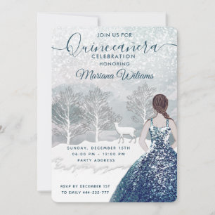 Watercolor winter scene blue dress Quinceañera Invitation