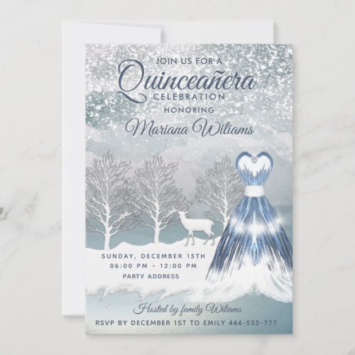 Watercolor winter scene blue dress Quinceaera  Invitation