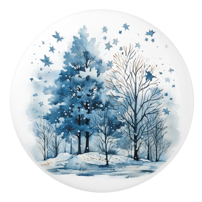 Watercolor winter scene in the forest ceramic knob (Front)