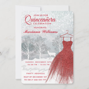 Watercolor winter scene red dress Quinceañera Invitation