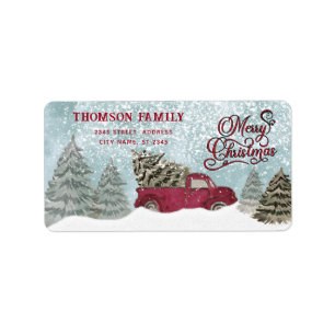 Watercolor Winter scene red truck Christmas Label