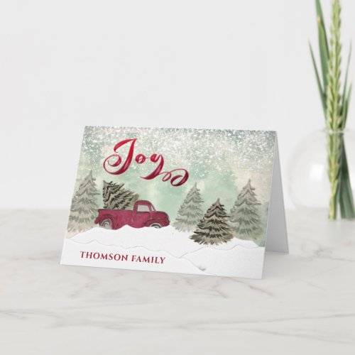 Watercolor Winter scene red truck Joy Holiday Card